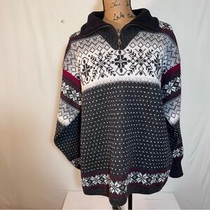 Norskwear Norway 100% Wool Nordic Quarter Zip Fair Isle Sweater Grey Red Medium